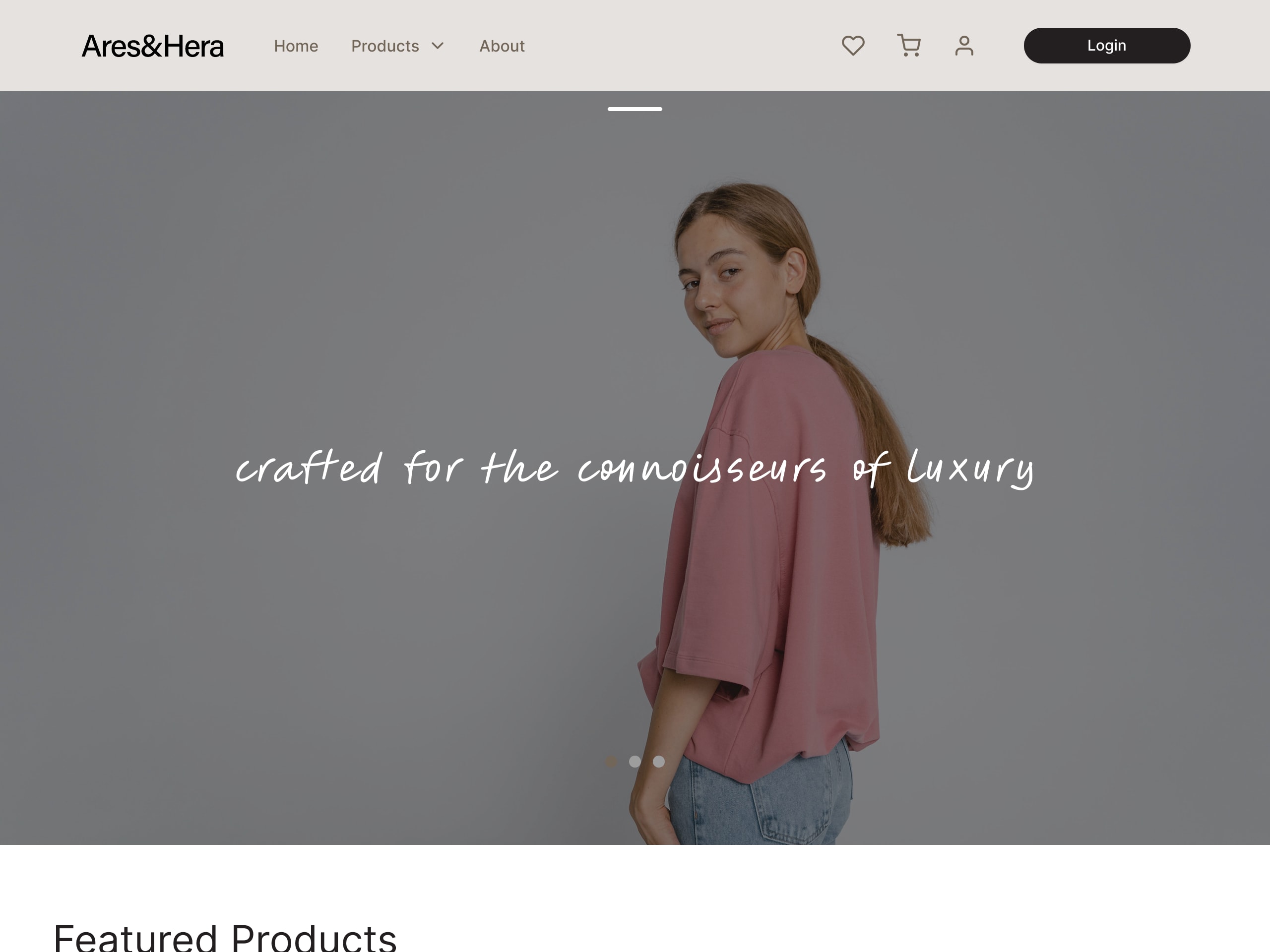 Ares & Hera home page hero: a model in a rose T-shirt, crafted for the connoisseurs of luxury