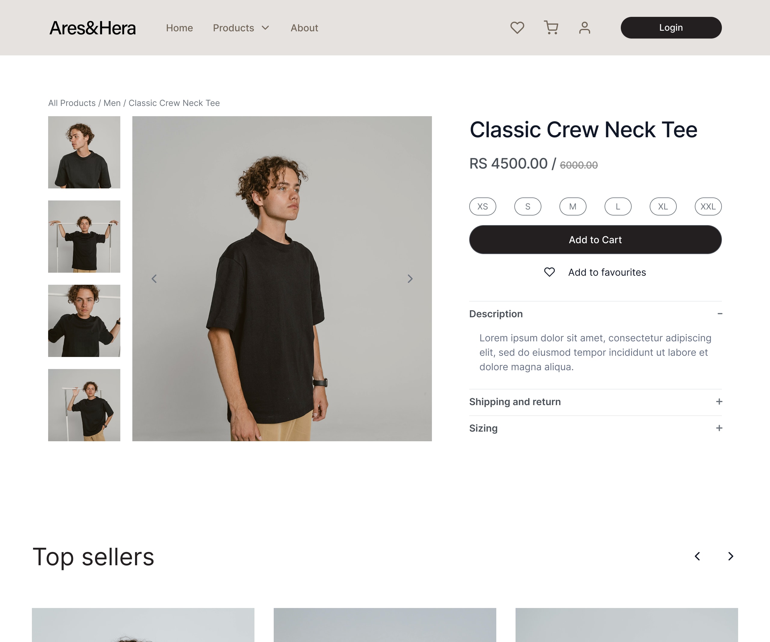 Ares & Hera product page design: a gallery of angles, size and colour, add to cart, then top sellers