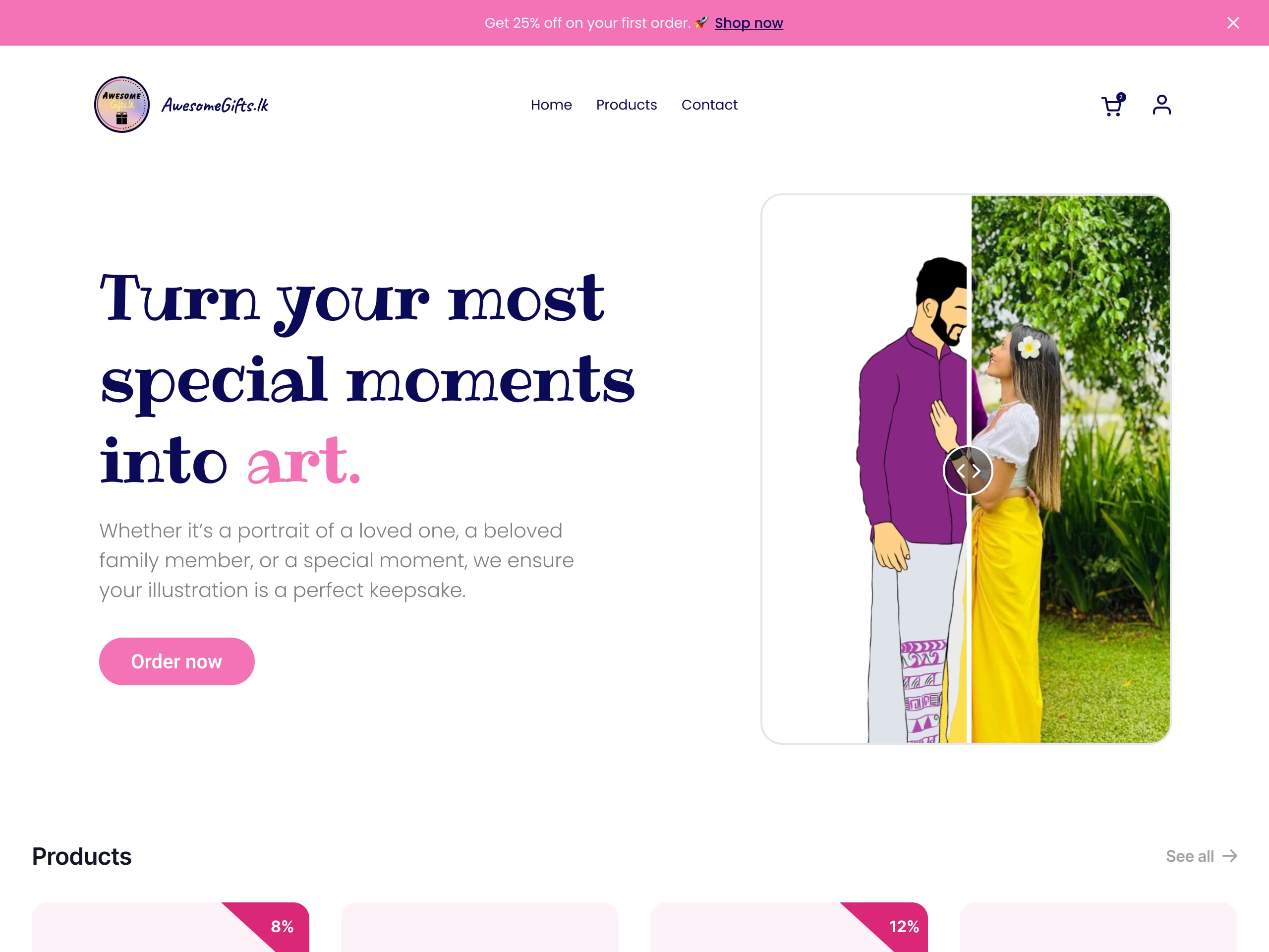 Awesome Gifts home page hero: an illustrated couple portrait beside the original photo