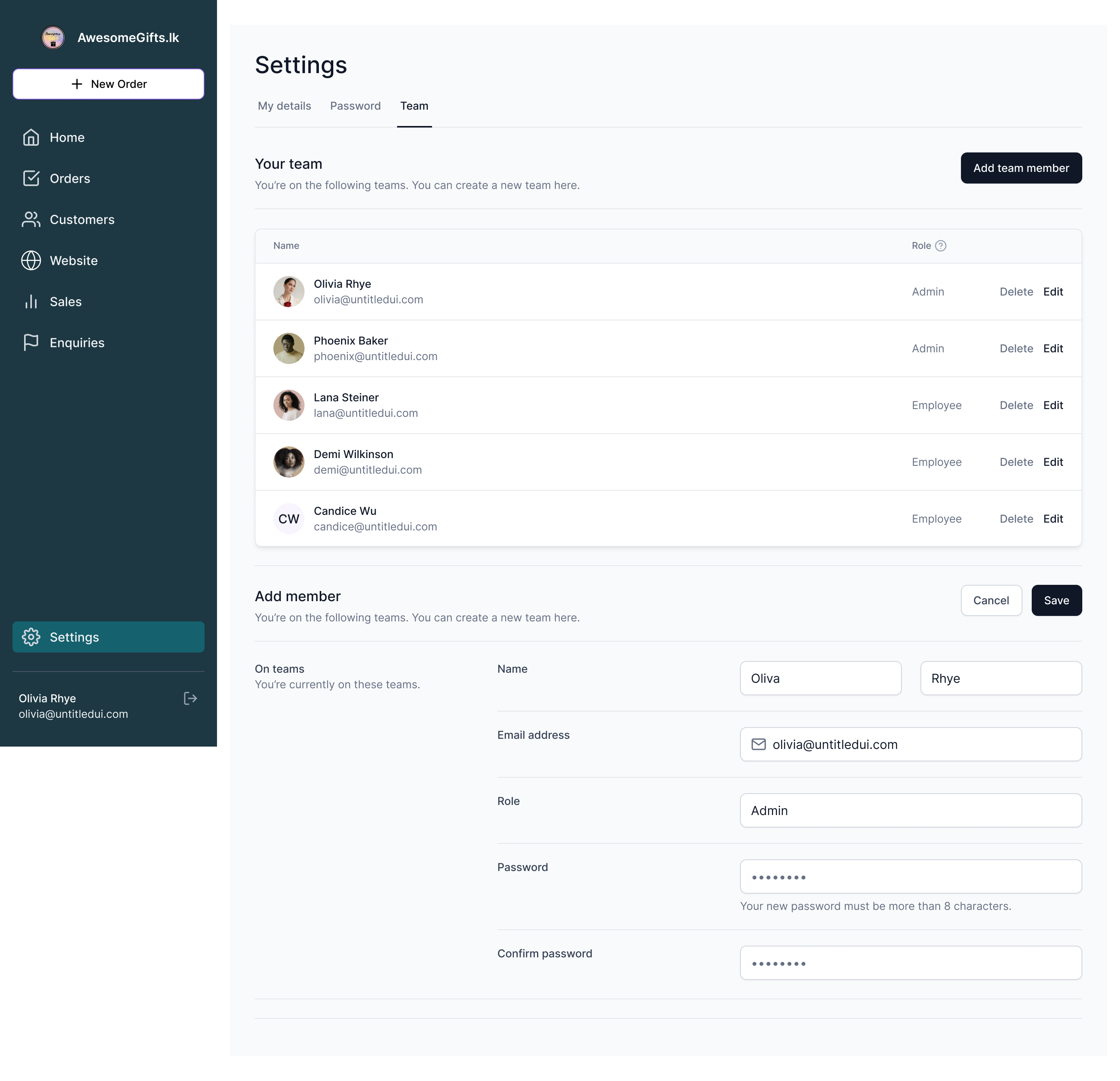 Awesome Gifts admin settings: the team list with roles, and a form to add a member