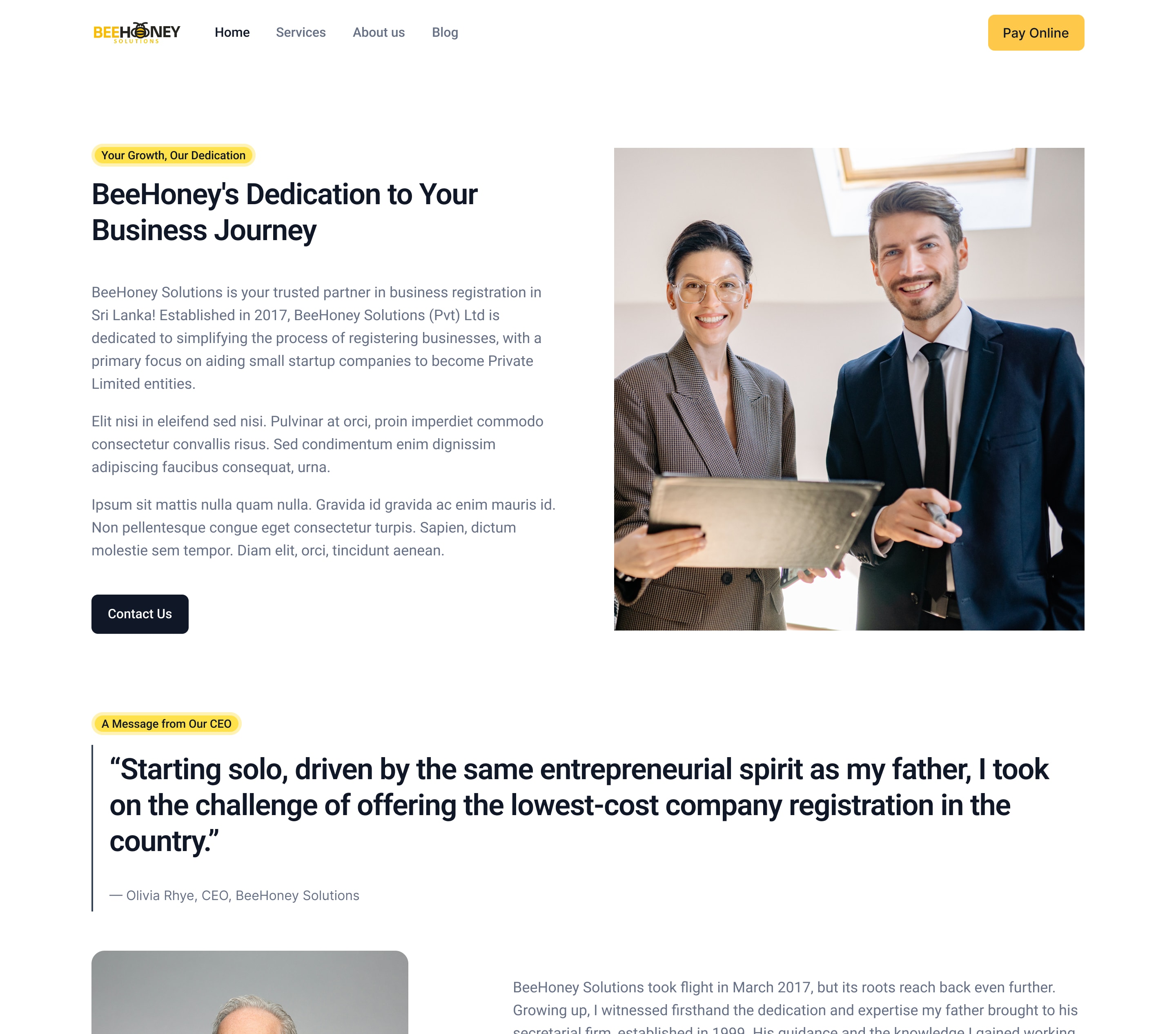 BeeHoney About page design: the story, what sets it apart, and a contact form
