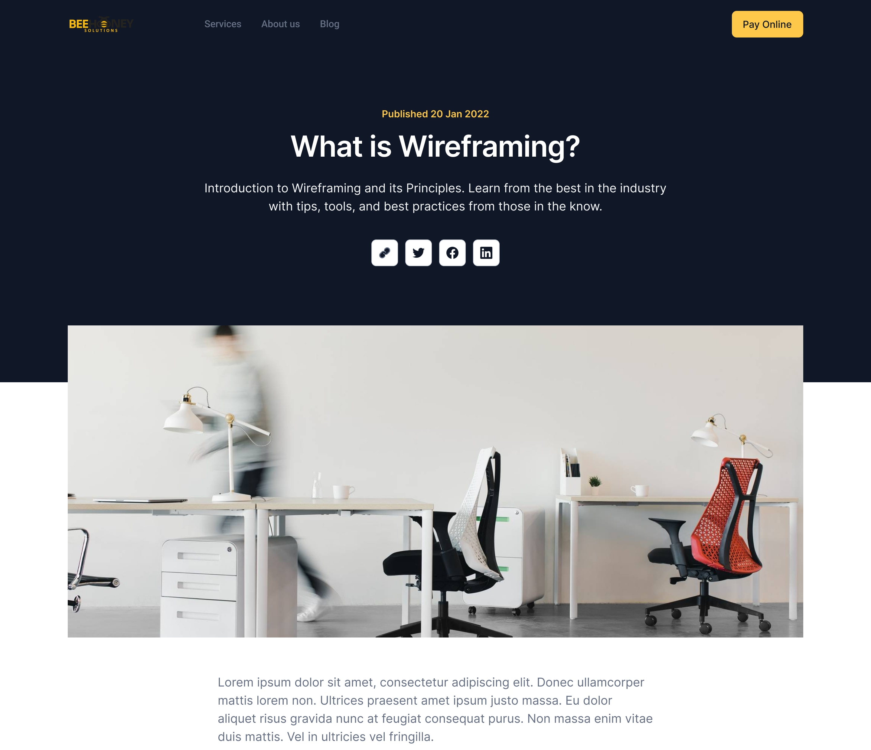BeeHoney blog article design with a bold header, images, a pull quote and related posts