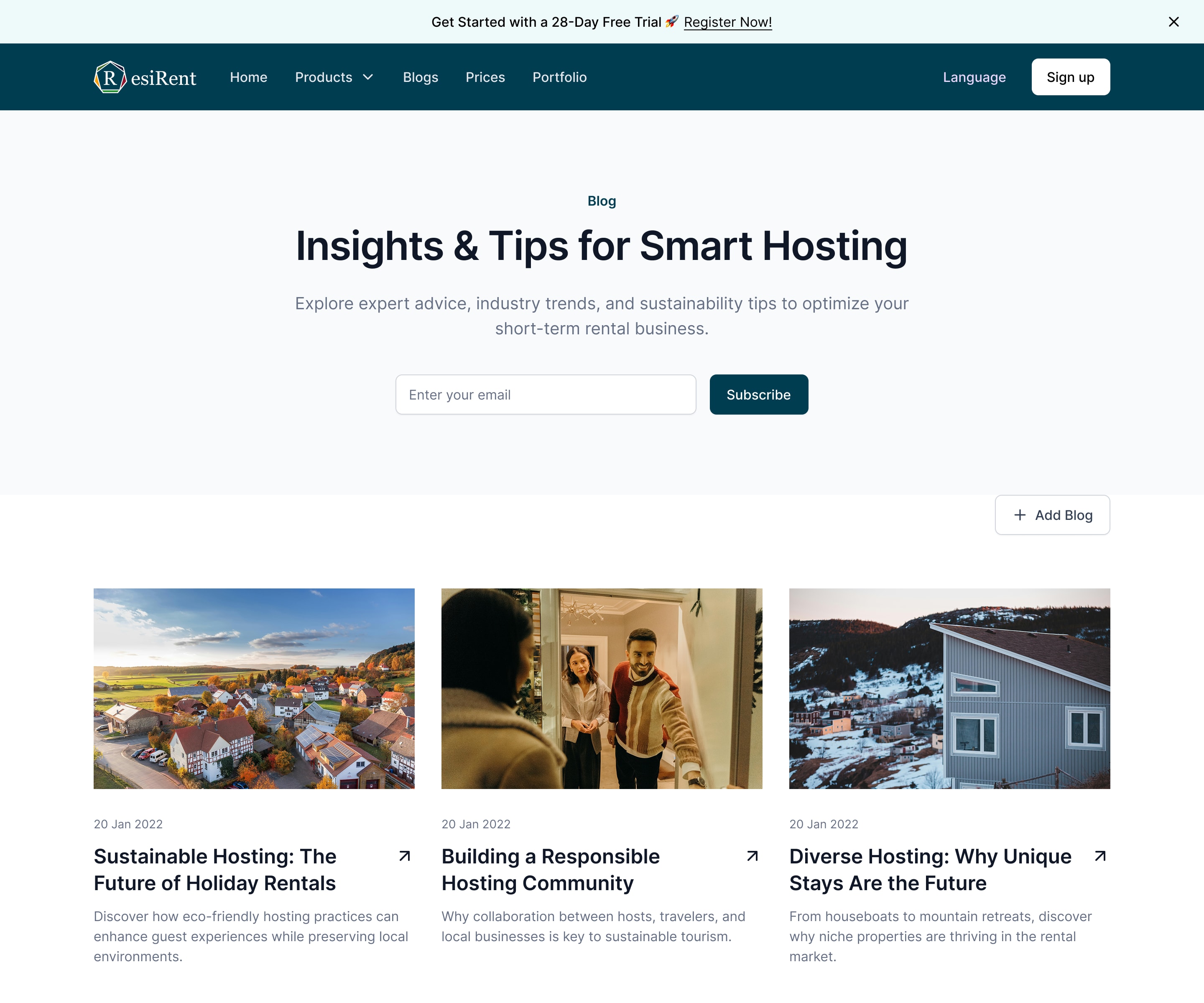 ResiRent blog index design with a newsletter sign-up and a grid of articles