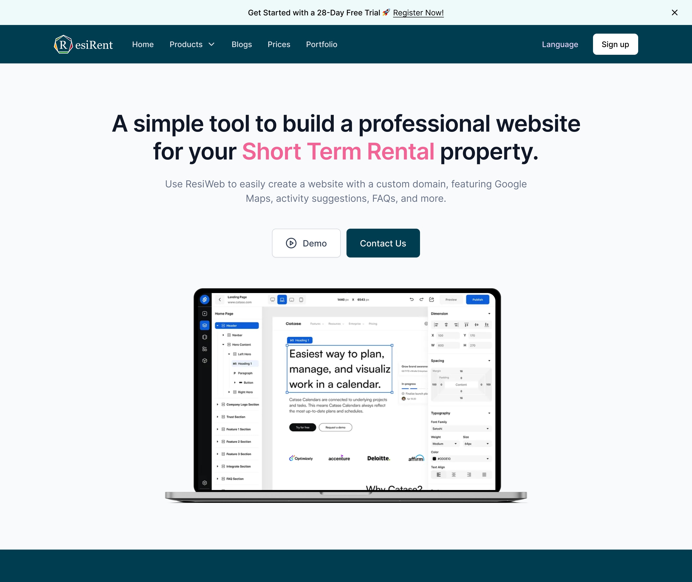 Full ResiRent home page design, from the hero down to the newsletter sign-up