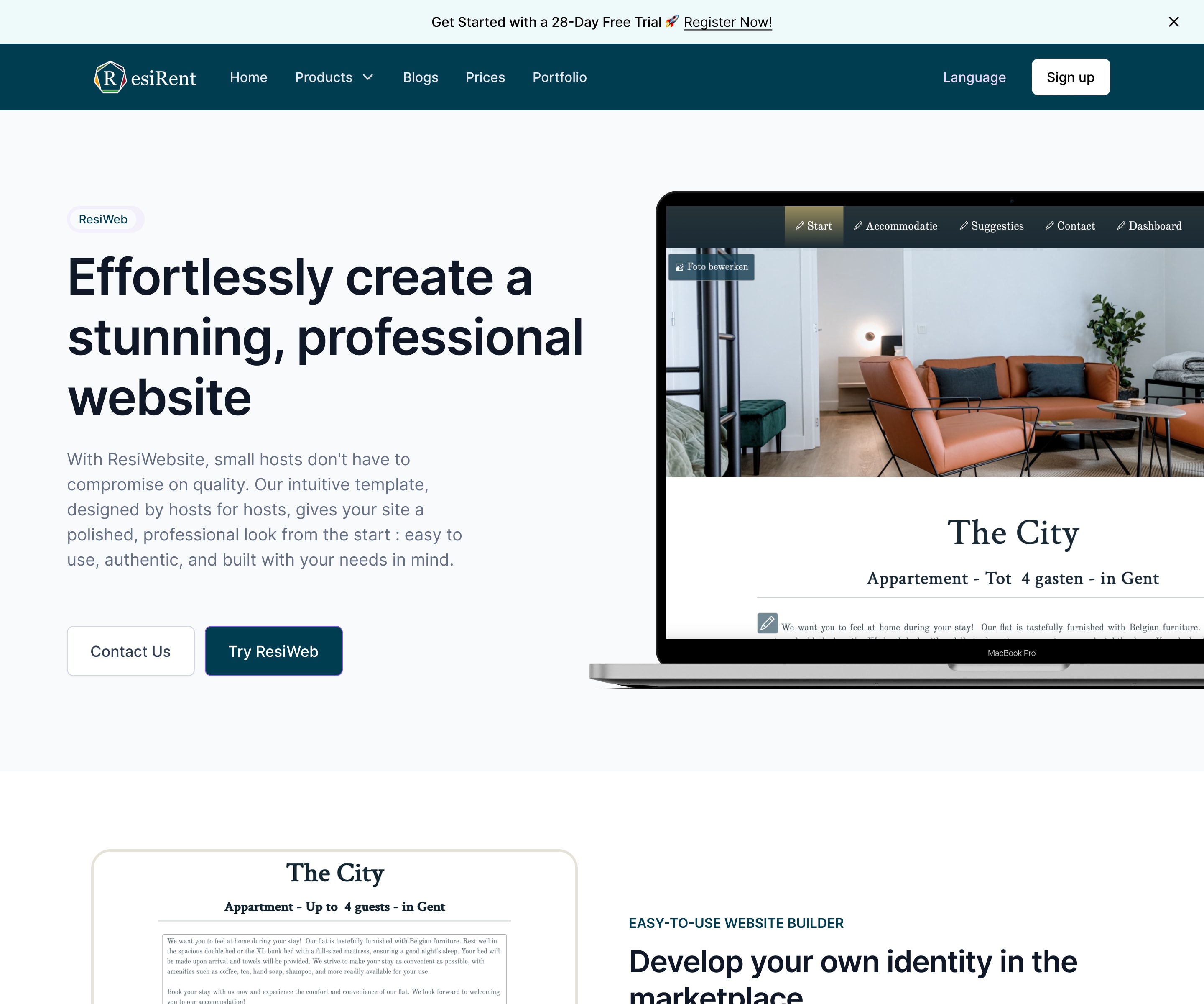 ResiWeb product page design, from the hero down to the additional features