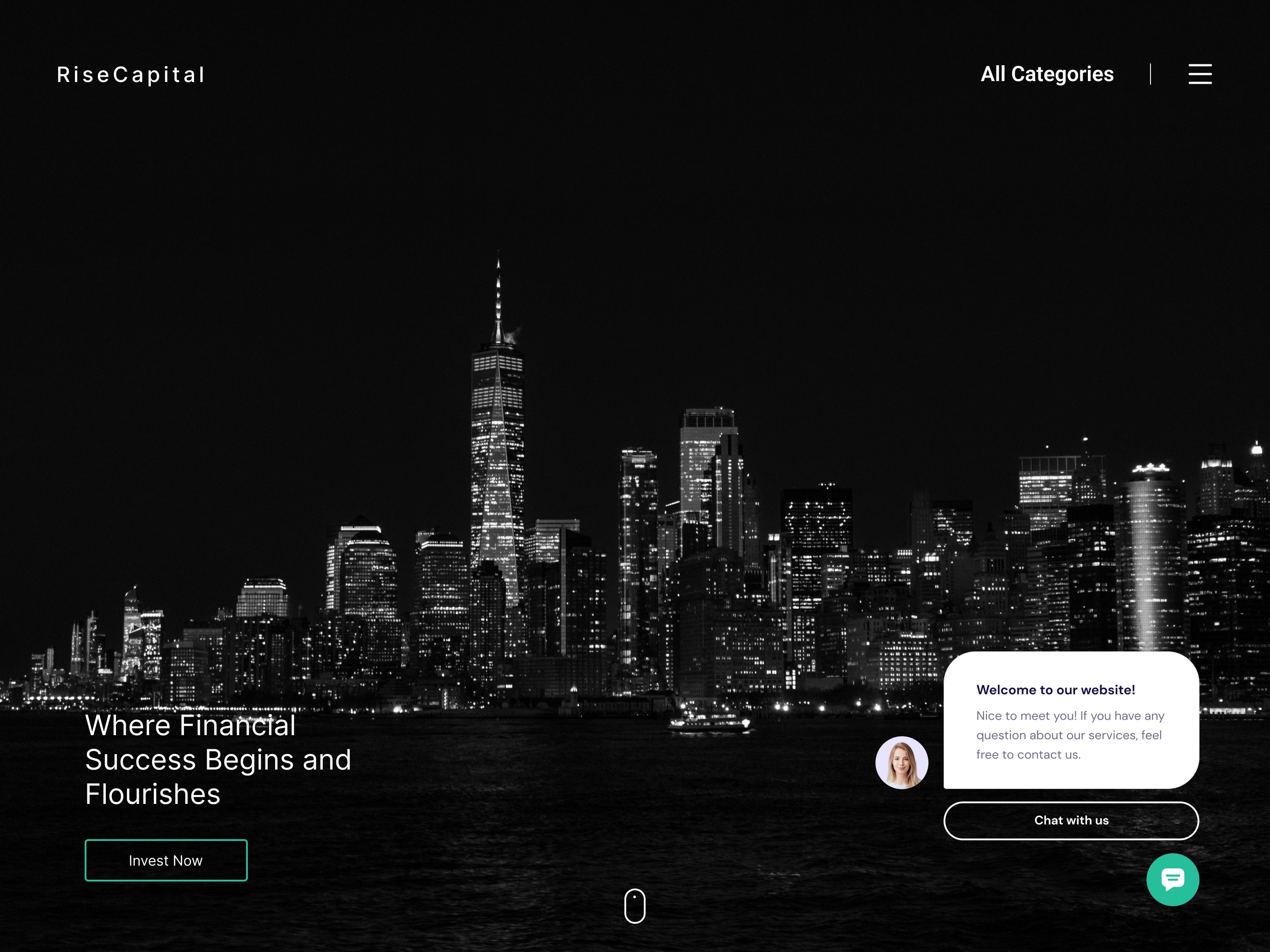 Rise Capital home page hero: a black-and-white night skyline, where financial success begins and flourishes