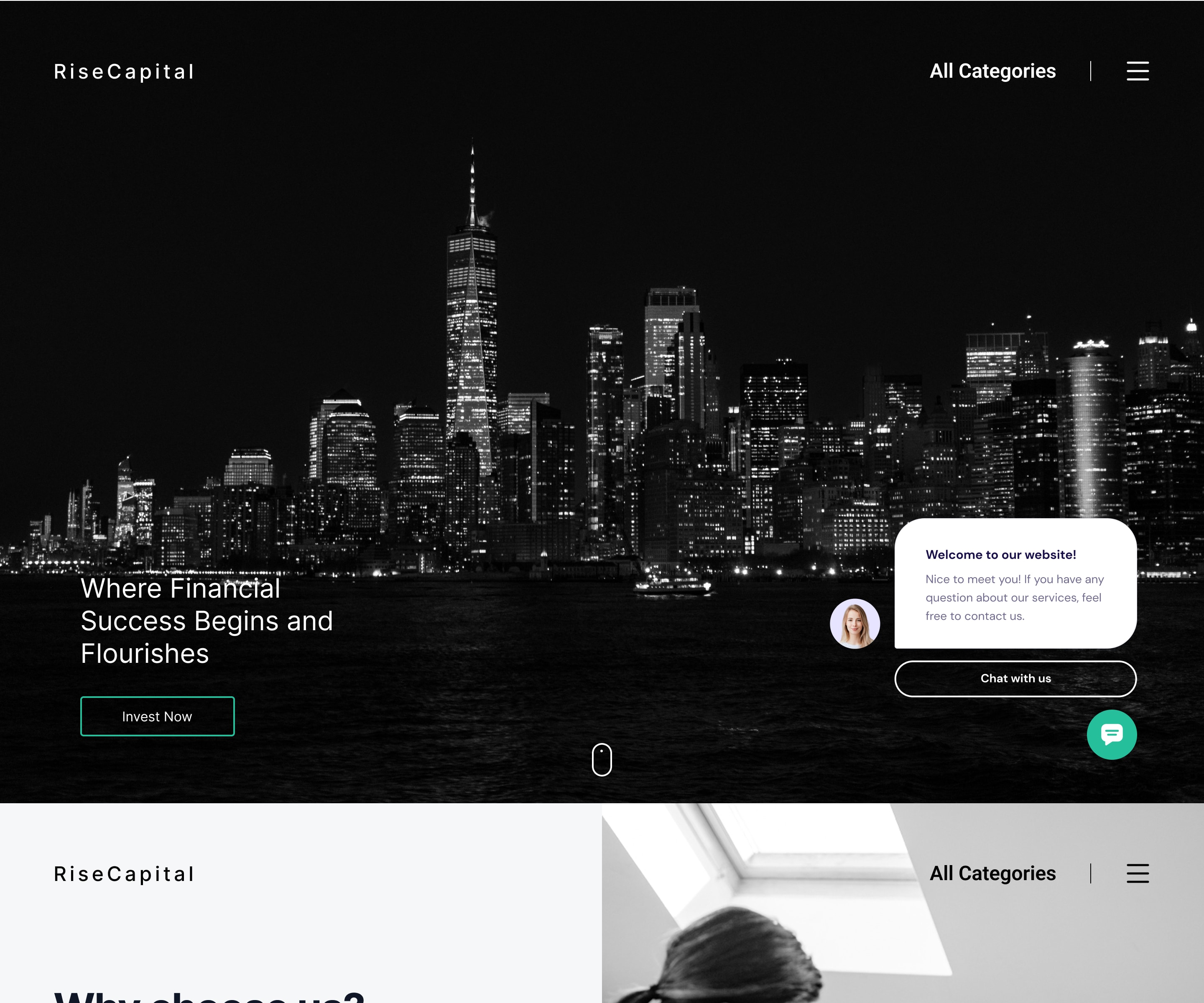 Full Rise Capital home page design, from the skyline hero down to the contact form and footer