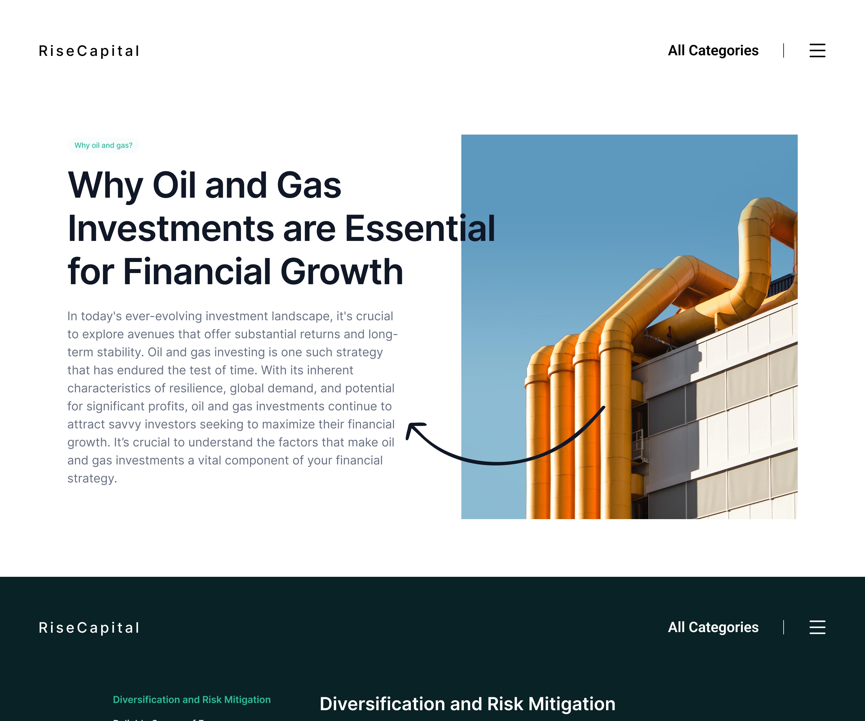 Rise Capital Why oil and gas page design: six reasons, each with its own chapter and photograph
