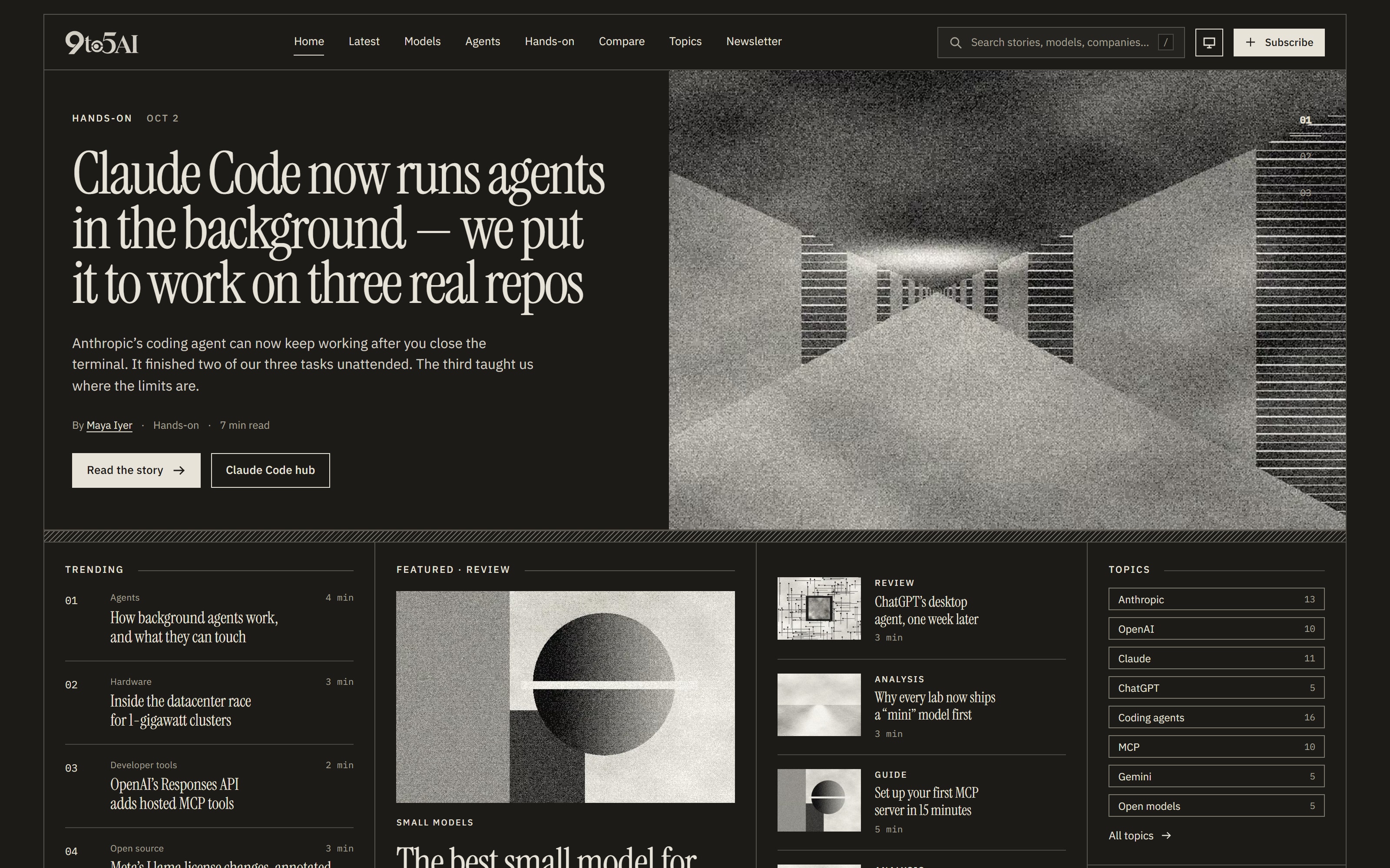 9to5AI home page in dark mode: the same editorial layout in ink and paper tones