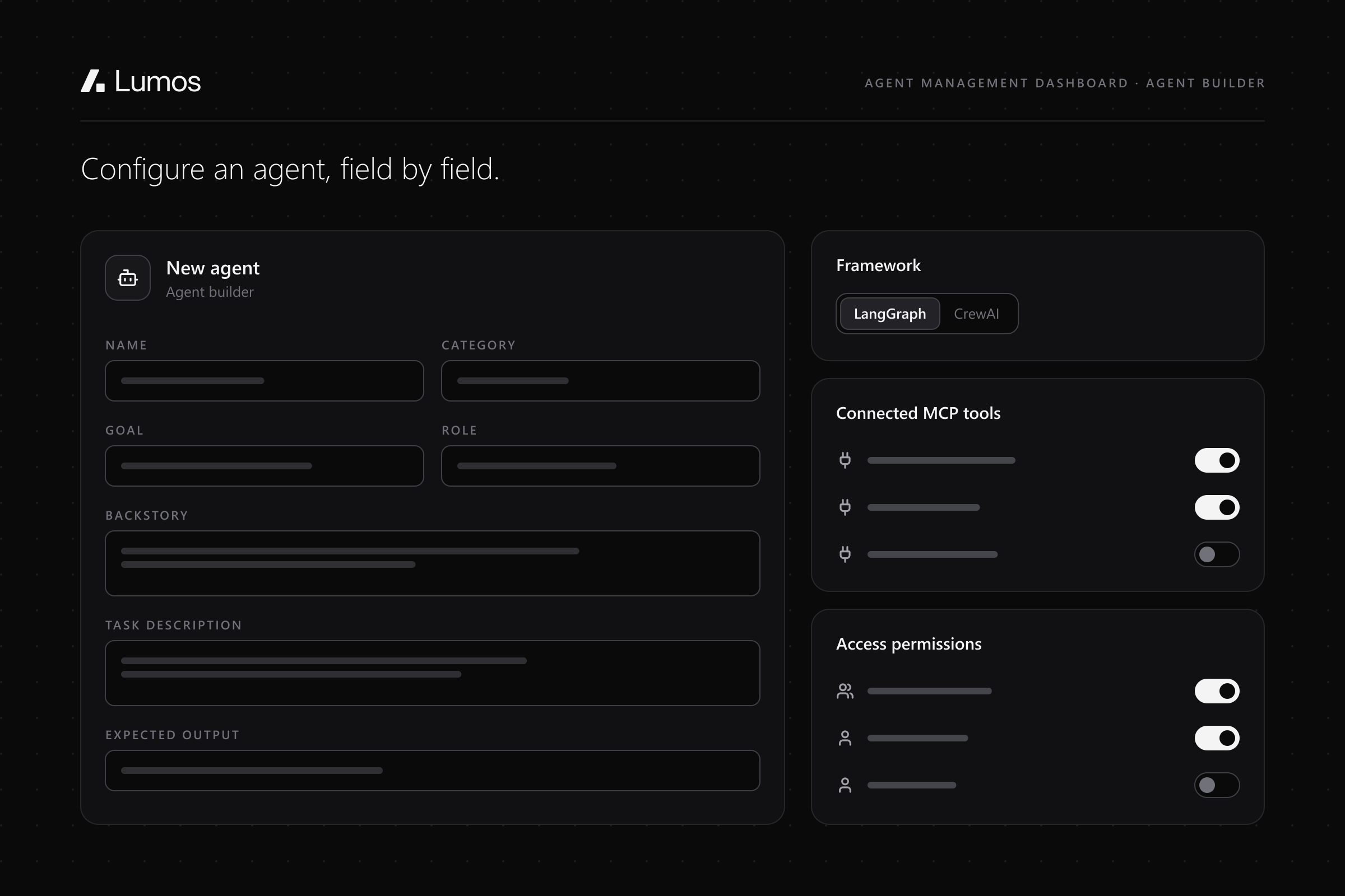 Illustration: the agent builder's fields (name, category, goal, role, backstory, task description, expected output) beside the framework choice, connected MCP tools and access permissions