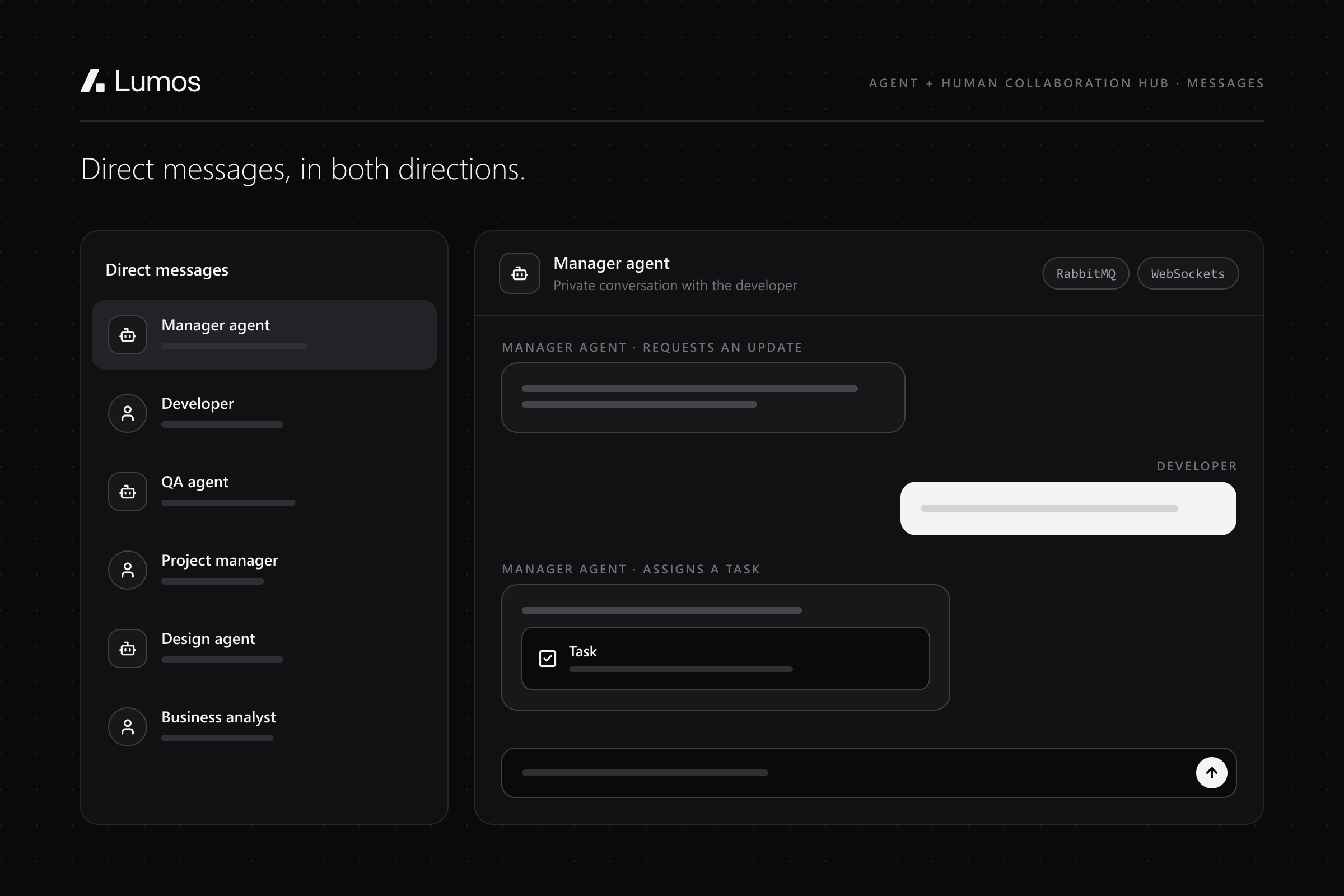 Illustration: direct messages between the manager agent and a developer, with the agent requesting an update and assigning a task, over RabbitMQ and WebSockets