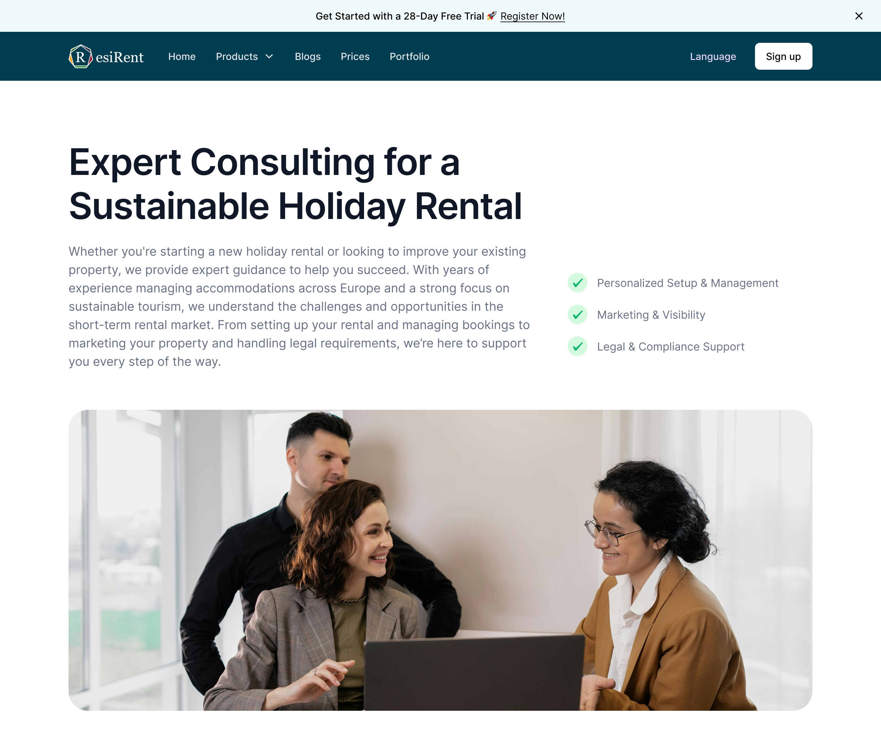 ResiRent consulting page design with two service packages and a booking calendar