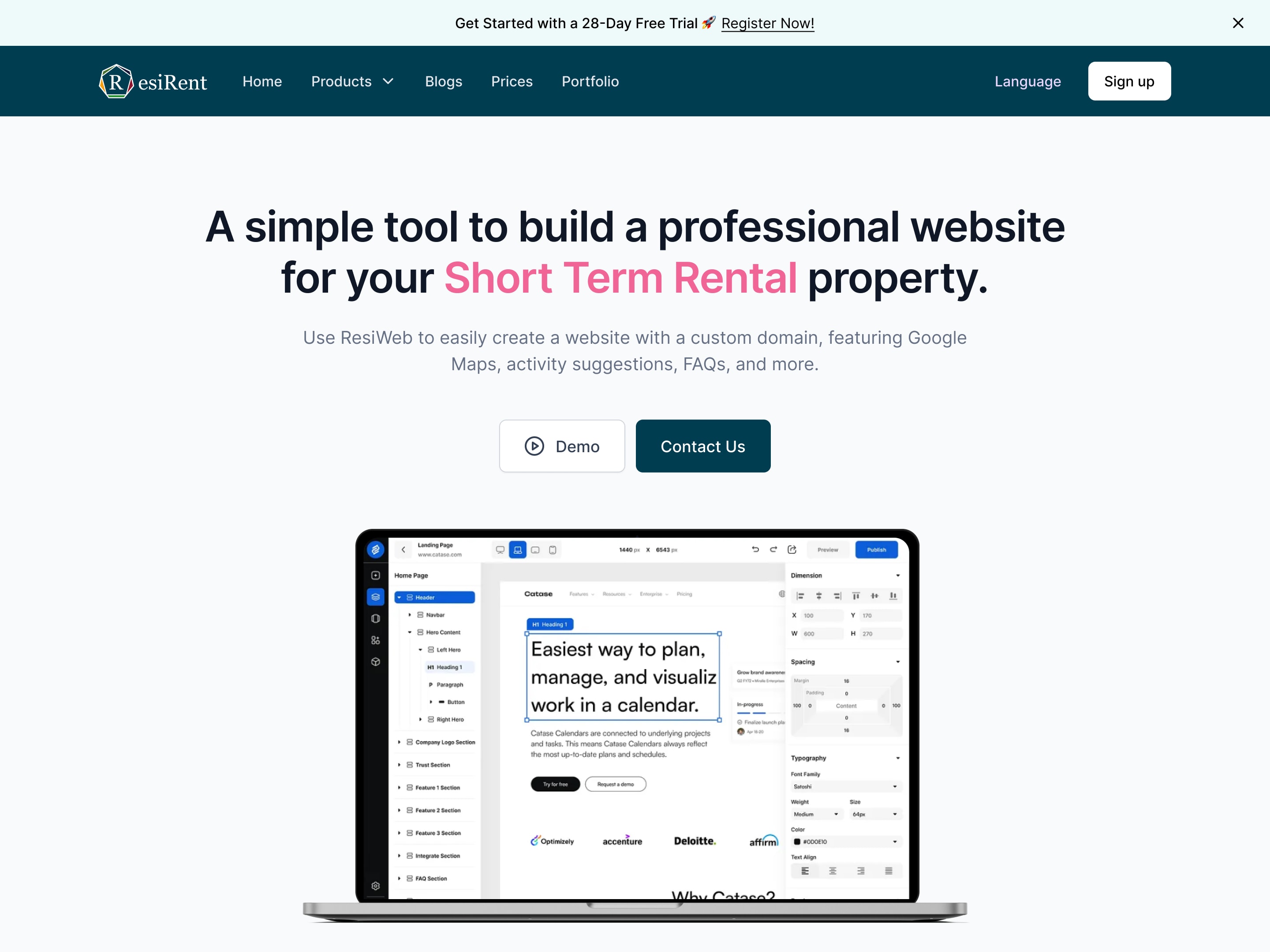 ResiRent home page hero, with the ResiWeb website editor shown on a laptop
