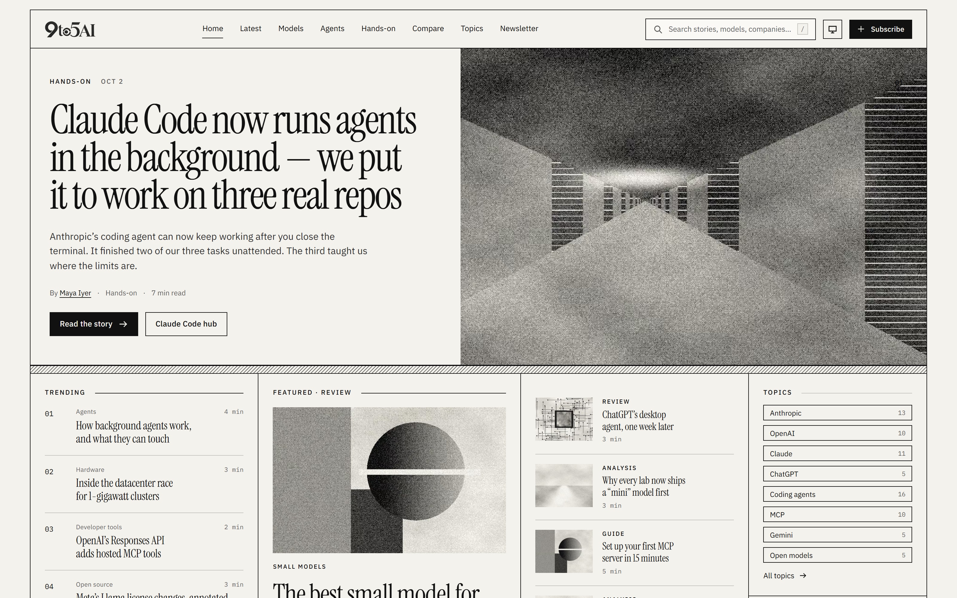 9to5AI home page in light mode: a lead story with halftone art, then trending stories, a featured review and topics